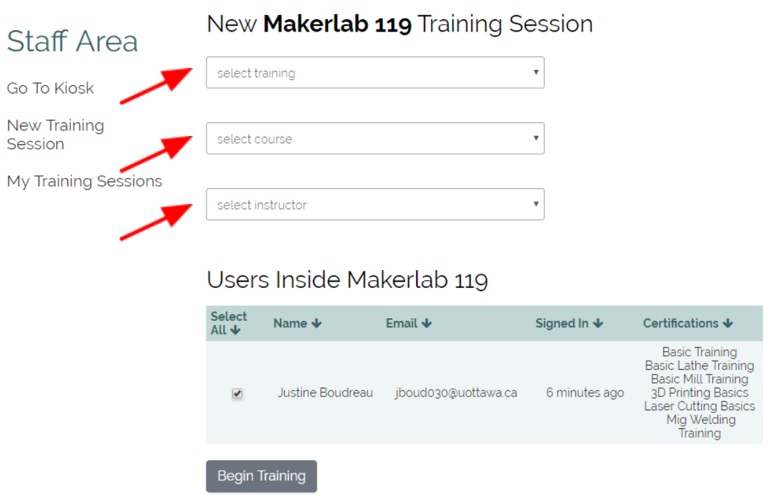 MakerRepo Training select course and instructor.png